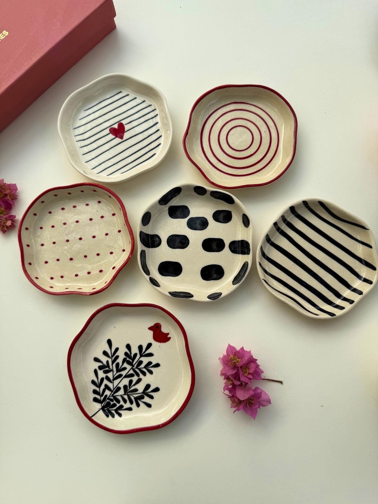 Set of 6 {red & black) handmade dessert plates (For the price of 5)