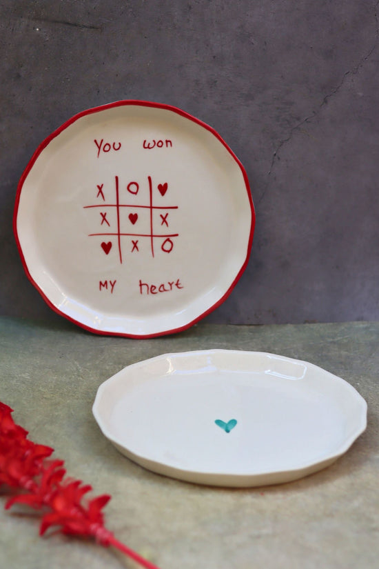 Handmade Set of 2 - You won my heart & Teal heart snack plates combo
