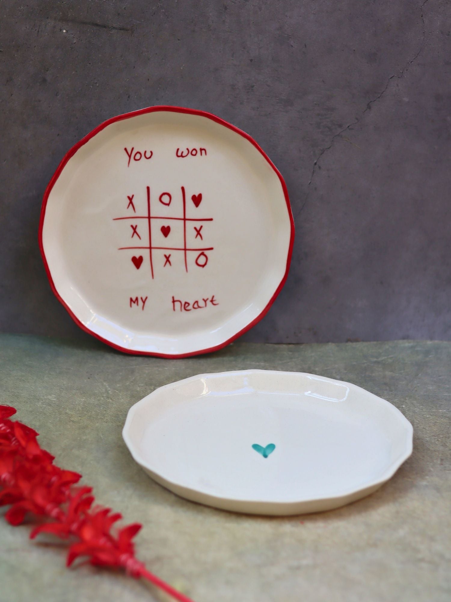 Handmade Set of 2 - You won my heart & Teal heart snack plates combo