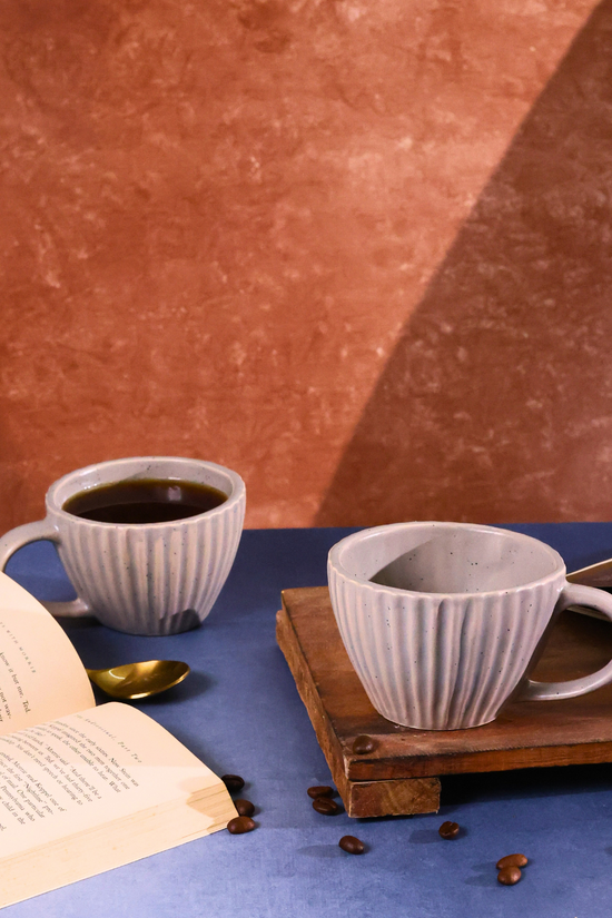 grey mug with unique striped  design