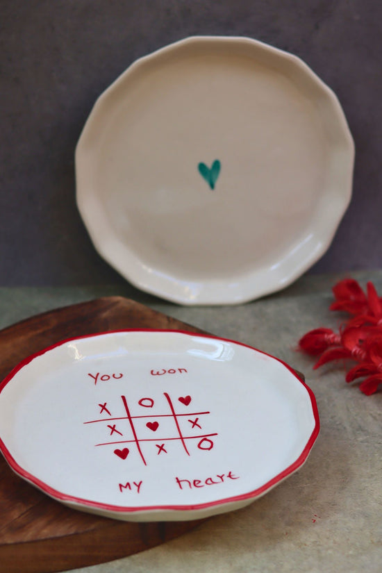 Set of 2 - You won my heart & Teal heart snack plates combo made by ceramic