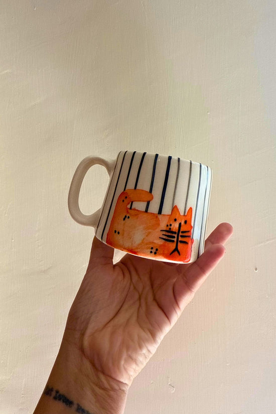 handmade Stripey Kitty Mug made by ceramic