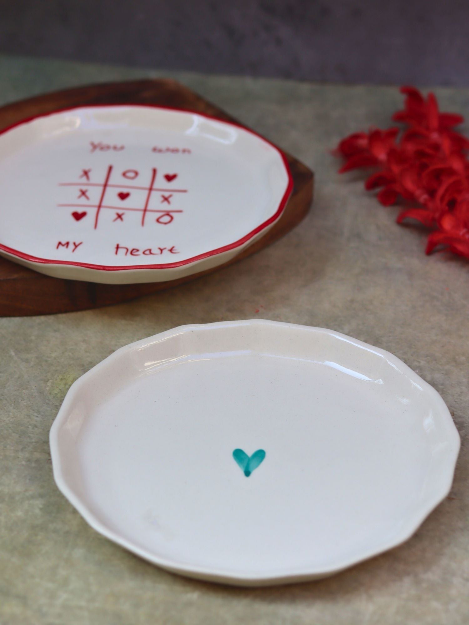 Set of 2 - You won my heart & Teal heart snack plates combo with premium quality material