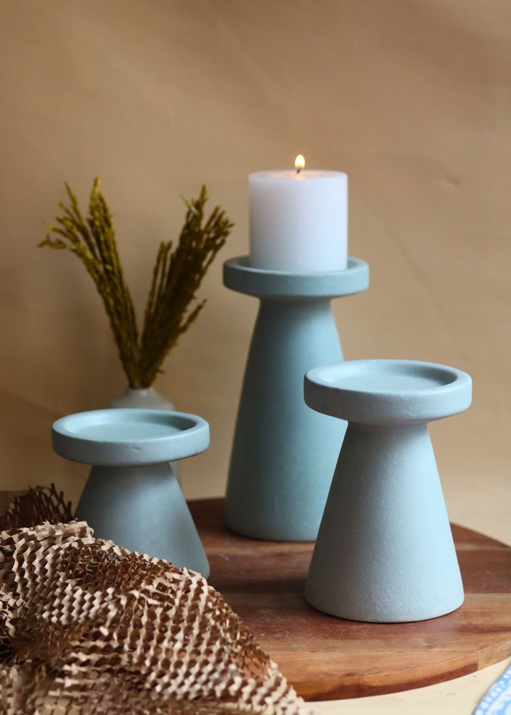 Set of 3 - Sky Blue Pillar Candle Holder with premium quality material