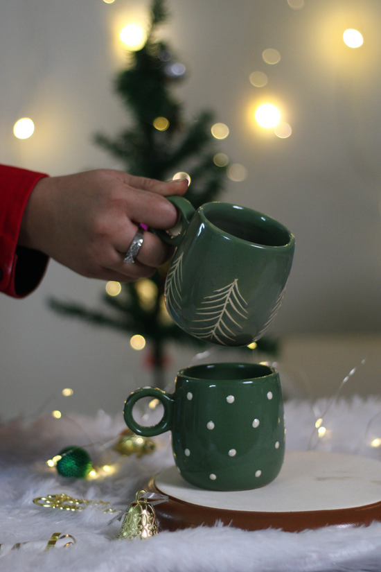 handmade christmas polka & tree mugs made by pure ceramic