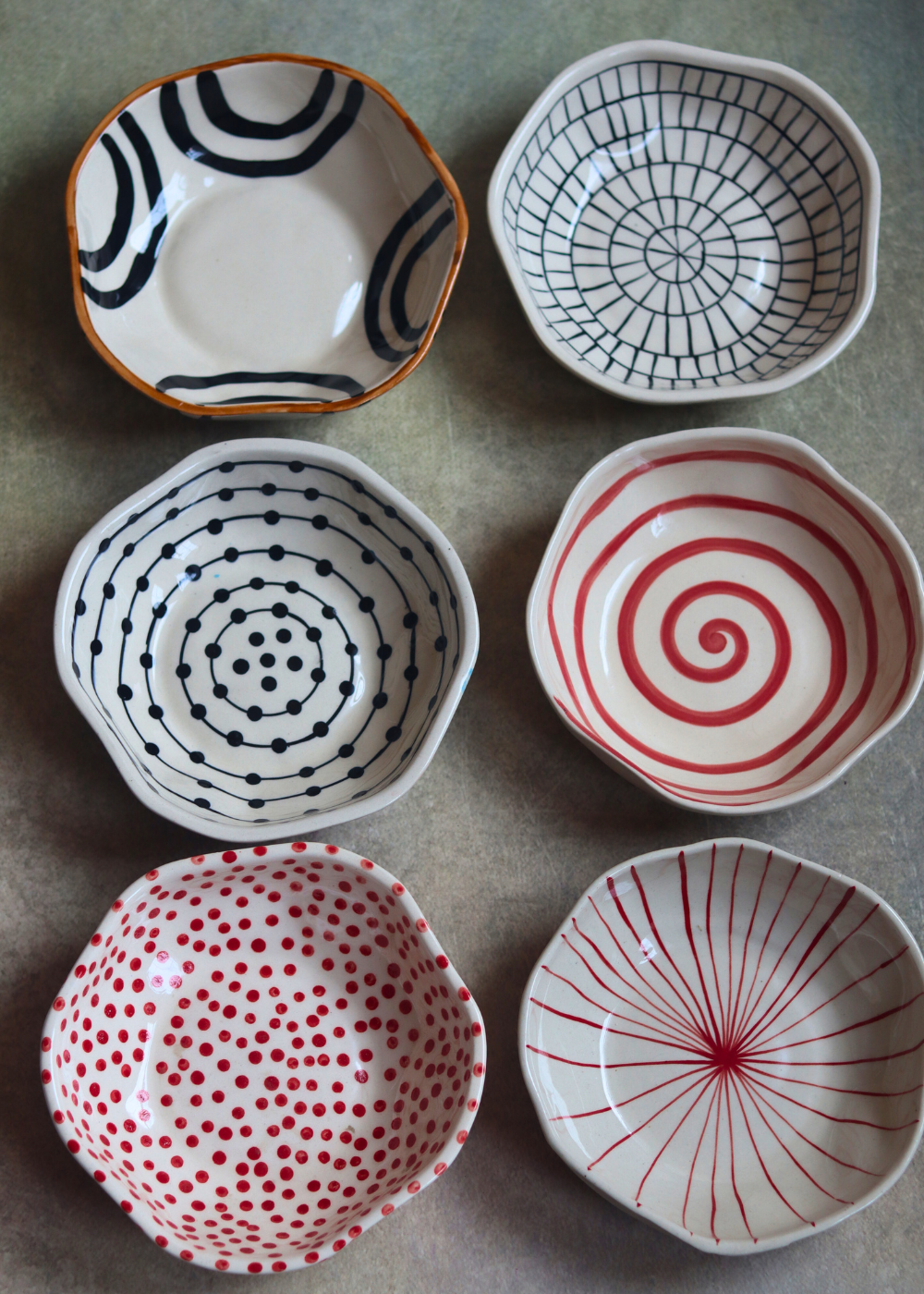 six bowls red & black with different design & color