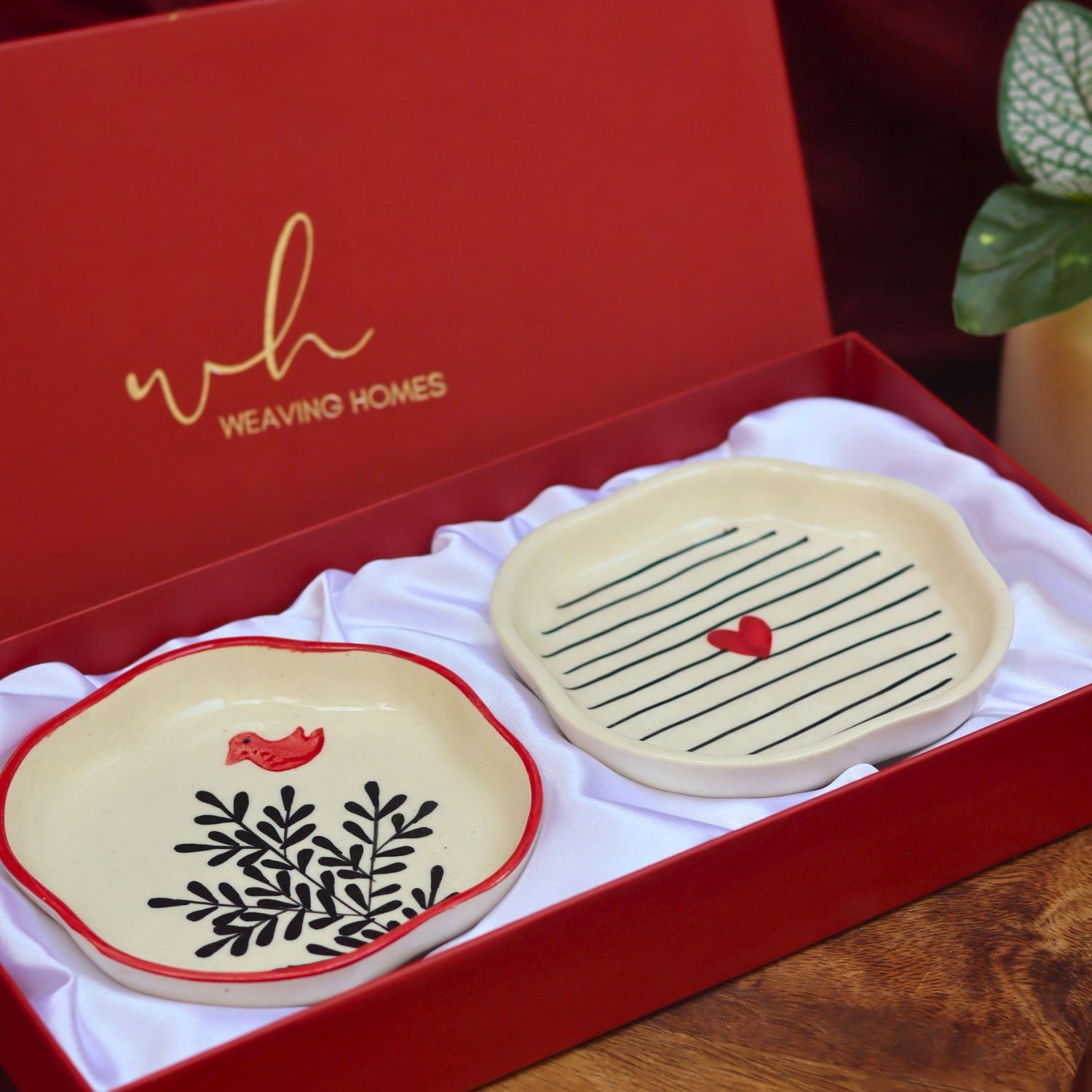 handmade Birdie & Striped Heart Handmade Dessert plate in a Gift Box