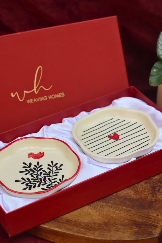 handmade Birdie & Striped Heart Handmade Dessert plate in a Gift Box