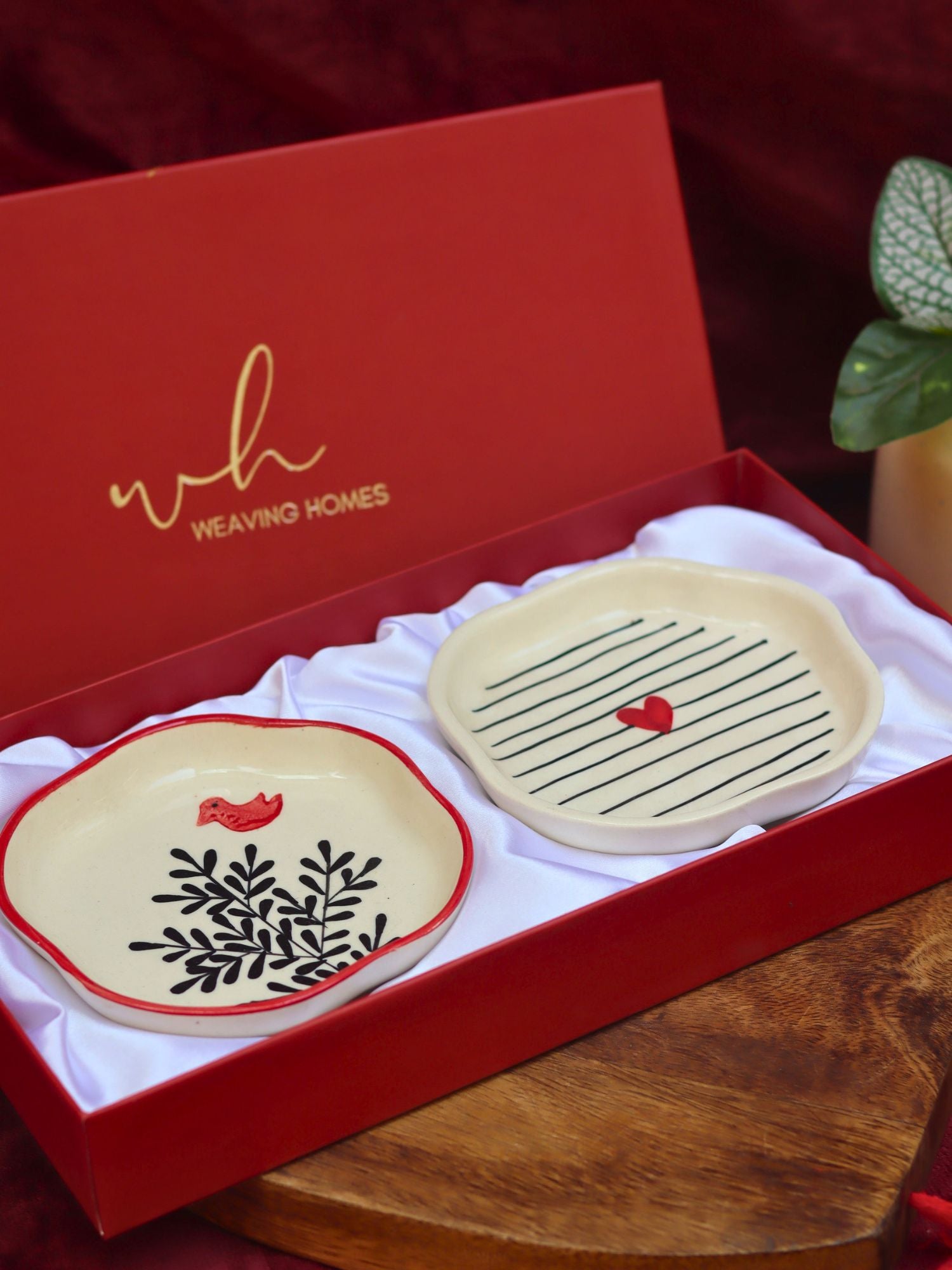 handmade Birdie & Striped Heart Handmade Dessert plate in a Gift Box