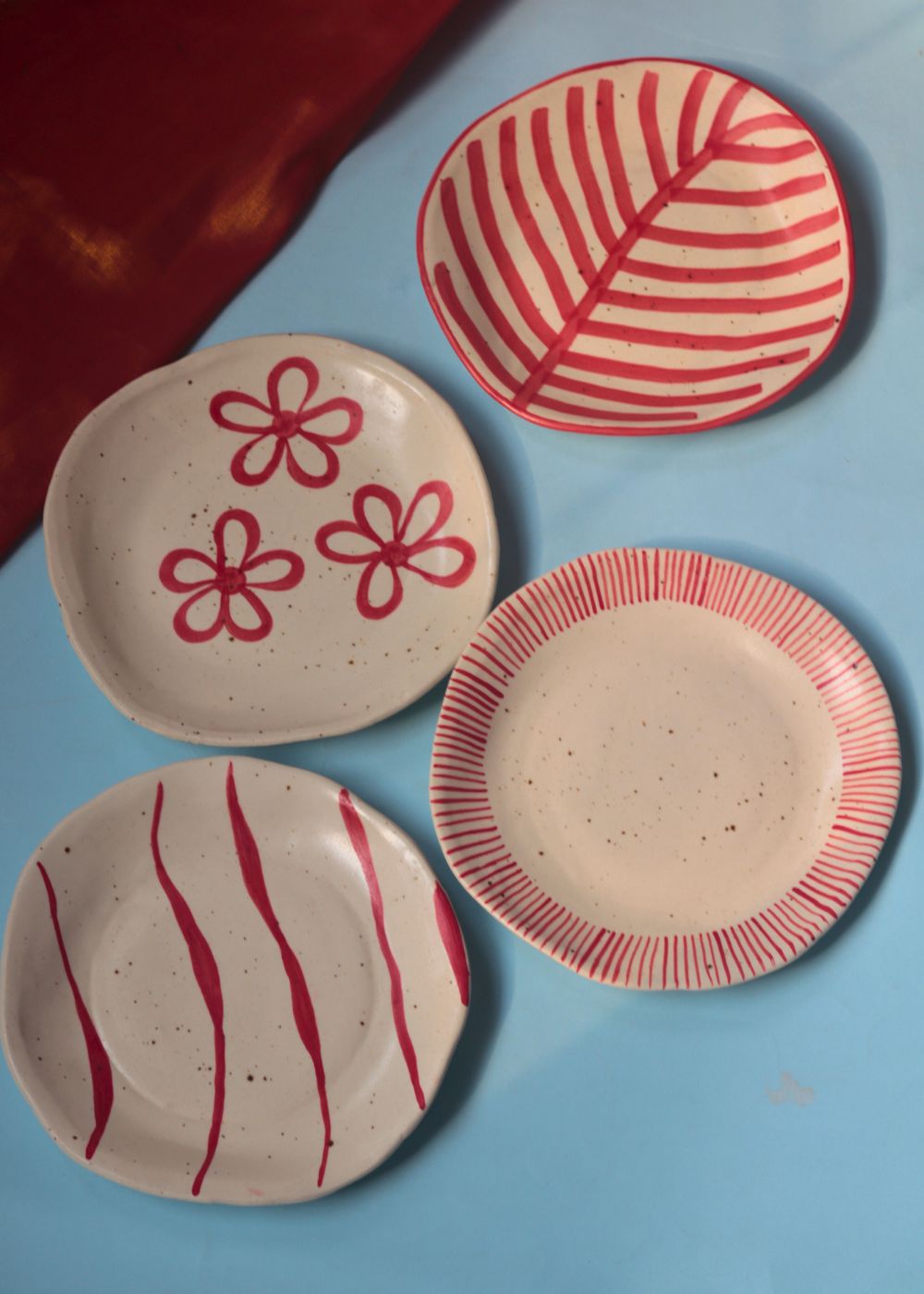 Handmade Set of 4 Red & White Plates