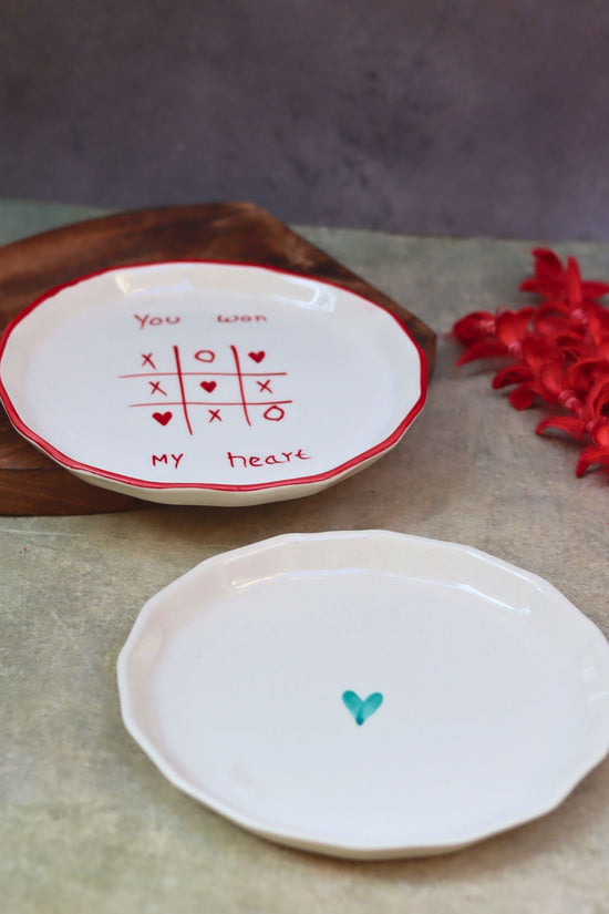 Set of 2 - You won my heart & Teal heart snack plates combo handmade in india
