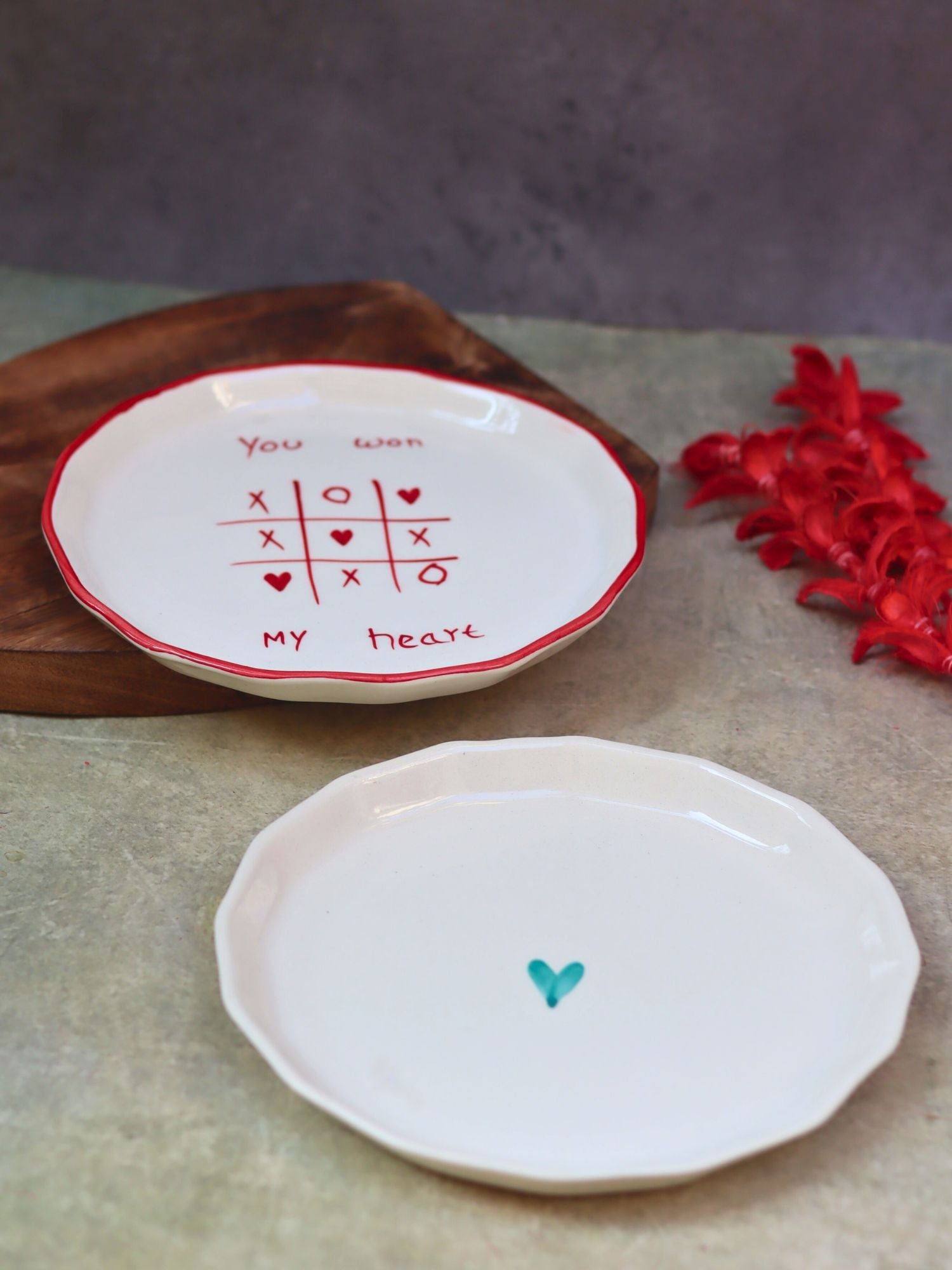 Set of 2 - You won my heart & Teal heart snack plates combo handmade in india