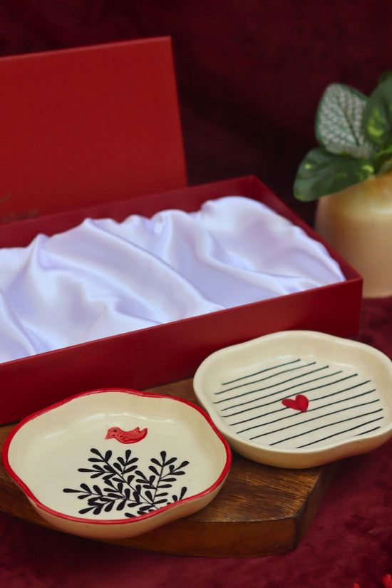 Birdie & Striped Heart Handmade Dessert plate in a Gift Box made by ceramic