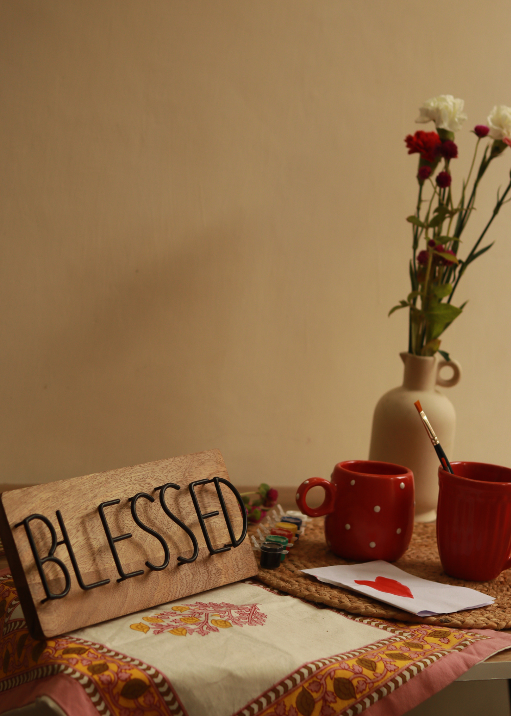 Blessed wall hanging board with cups and vase