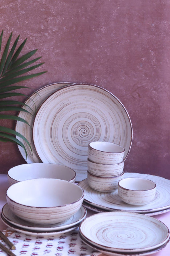 Handmade Set of 14 -  Brown & White Dinner Set