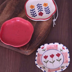 Red, Peony & Floral Bloom Handmade Dessert Plates - Set of 3 handmade in india