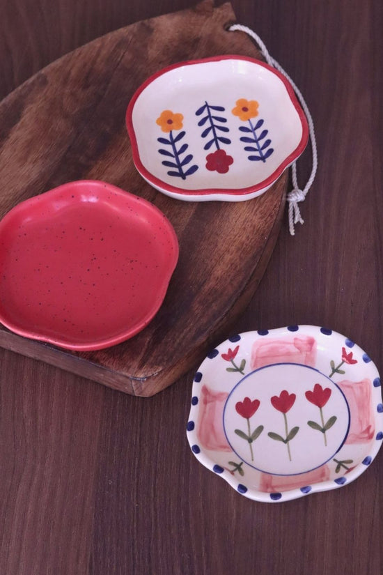 Red, Peony & Floral Bloom Handmade Dessert Plates - Set of 3 handmade in india