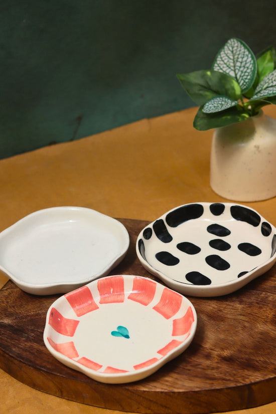 Black blocks, White & Striped heart Handmade Dessert Plate - Set of 3 handmade in India