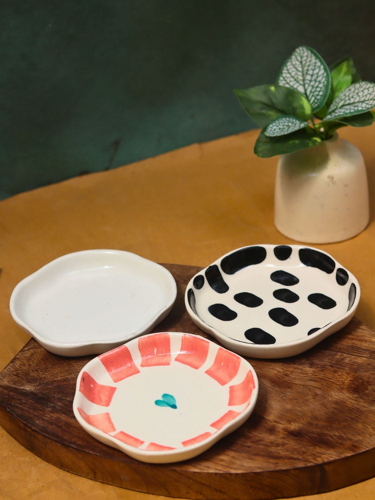 Black blocks, White & Striped heart Handmade Dessert Plate - Set of 3 handmade in India