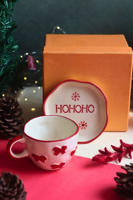 Handmade Bow Mug & HOHOHO Handmade Dessert Plate in a Gift Box