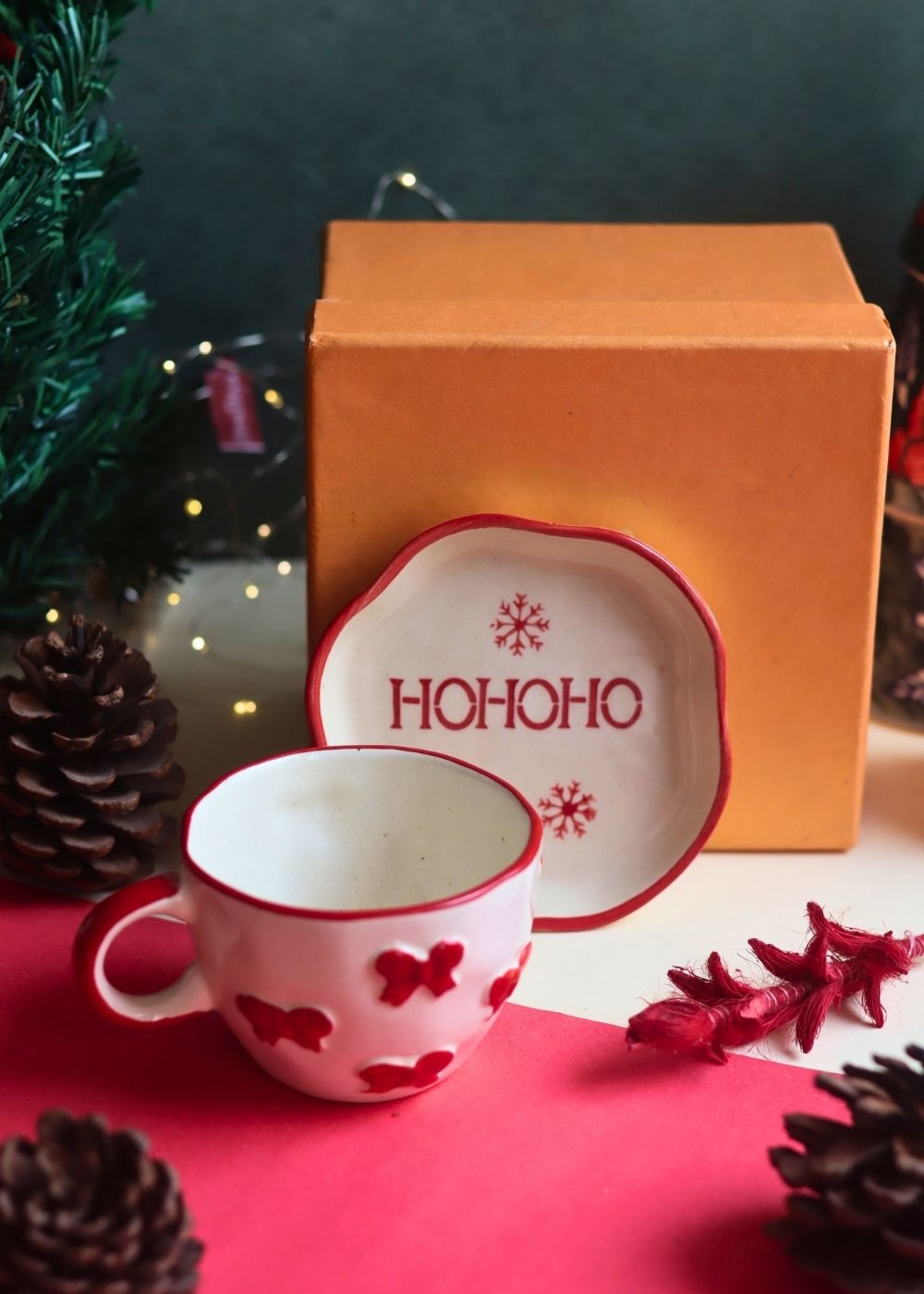 Handmade Bow Mug & HOHOHO Handmade Dessert Plate in a Gift Box