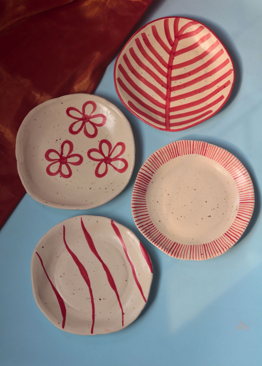 Set of 4 Red & White Plates handmade in india