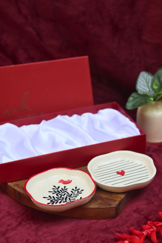 Birdie & Striped Heart Handmade Dessert plate in a Gift Box with premium quality material
