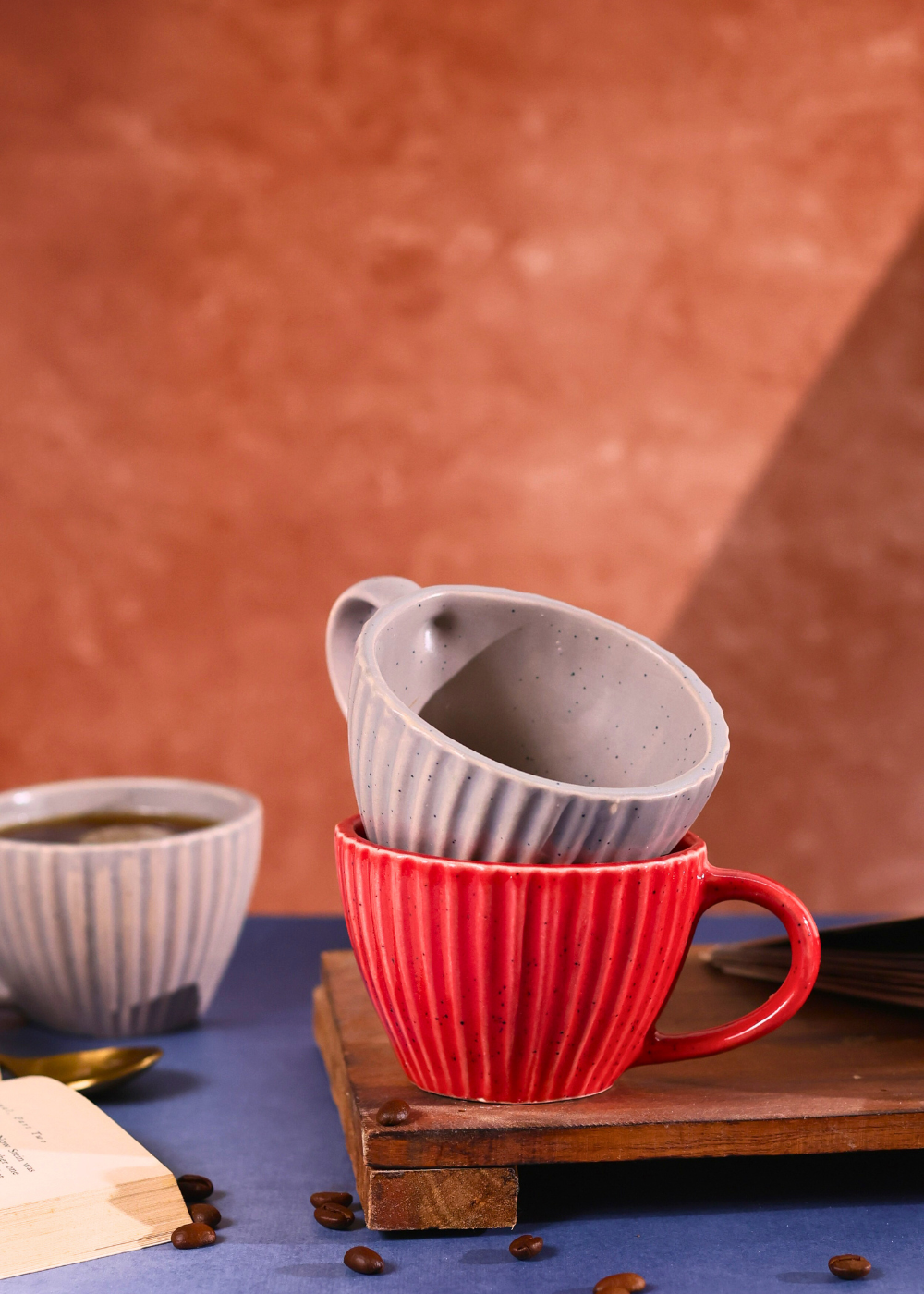 handmade red & grey striped coffee mug 