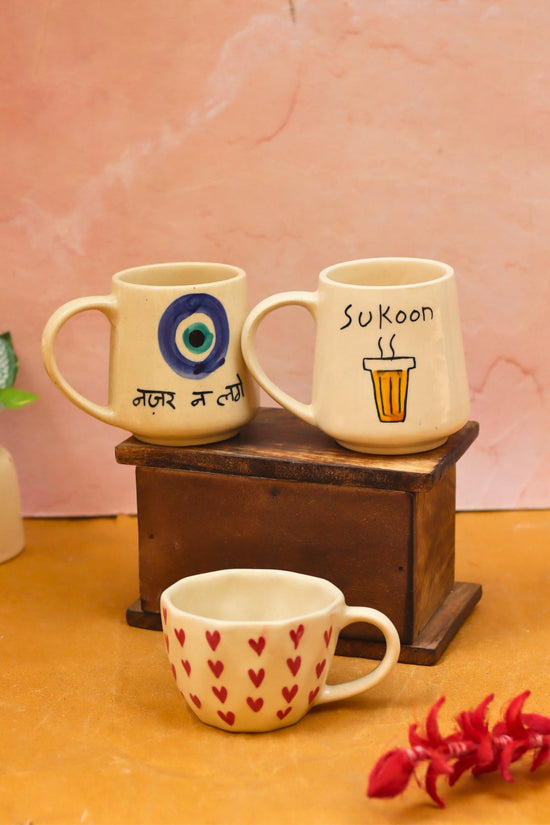 Sukoon, Nazar & Heart Mugs combo made by ceramic