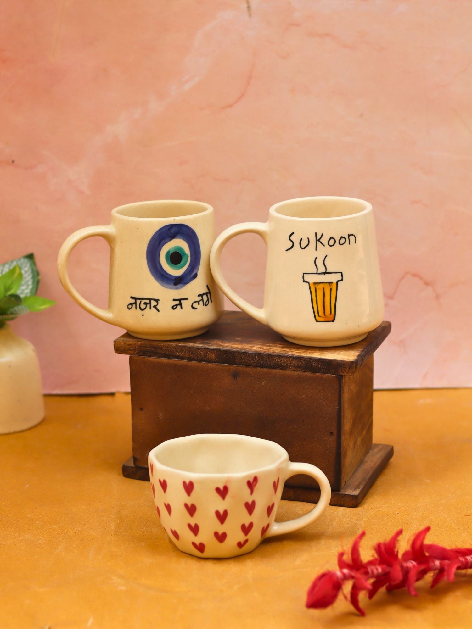 Sukoon, Nazar & Heart Mugs combo made by ceramic