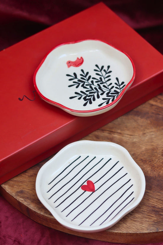 Birdie & Striped Heart Handmade Dessert plate in a Gift Box handmade in India