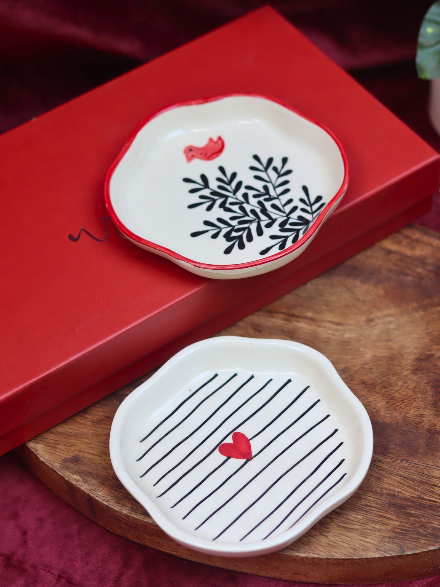 Birdie & Striped Heart Handmade Dessert plate in a Gift Box handmade in India