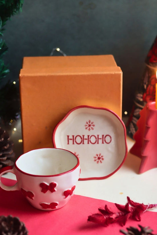 Bow Mug & HOHOHO Handmade Dessert Plate in a Gift Box made by ceramic
