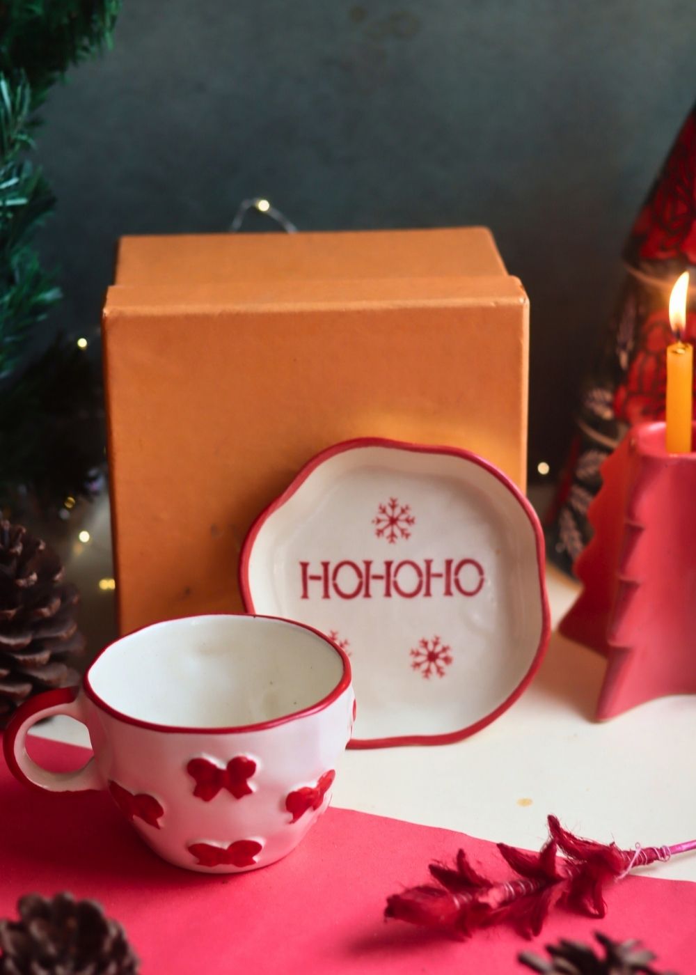 Bow Mug & HOHOHO Handmade Dessert Plate in a Gift Box made by ceramic
