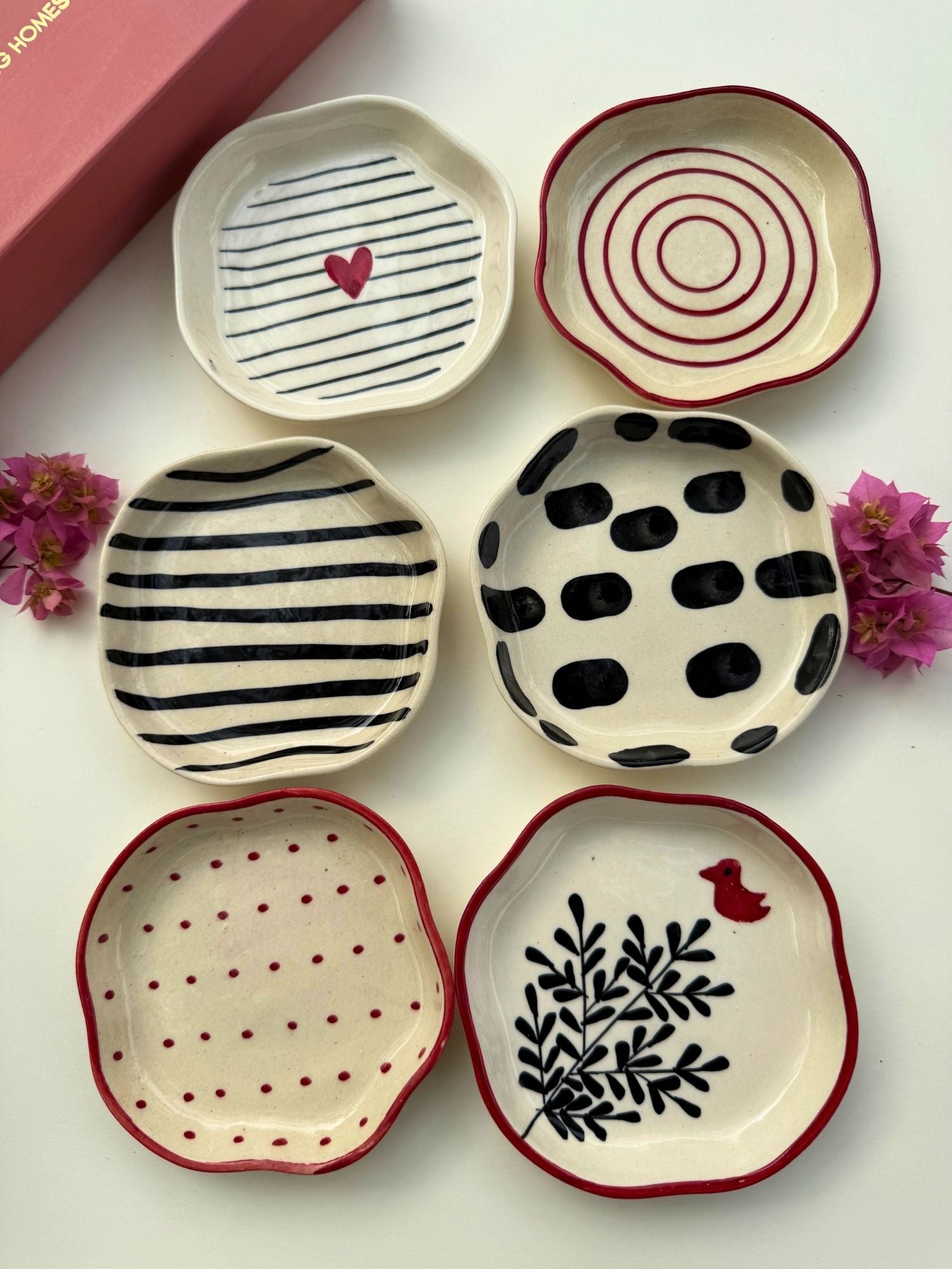 Set of 6 {red & black) handmade dessert plates (For the price of 5)