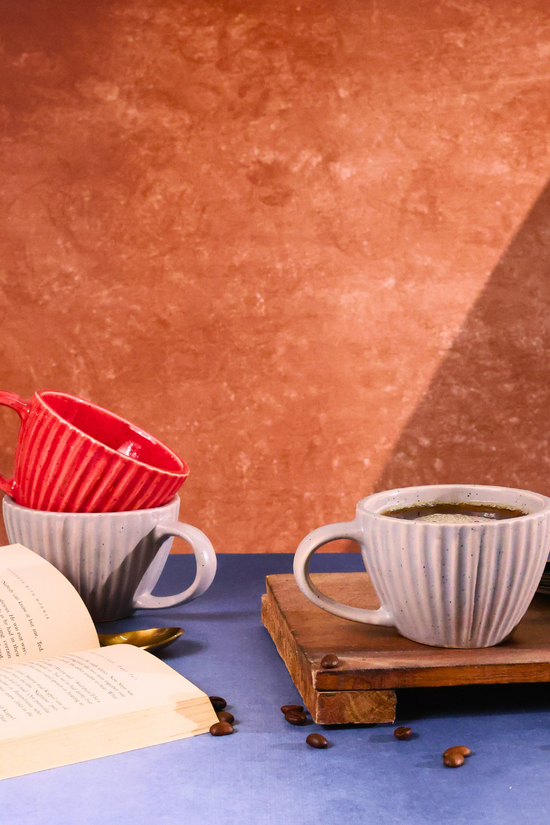 red & grey striped coffee mug made by ceramic 