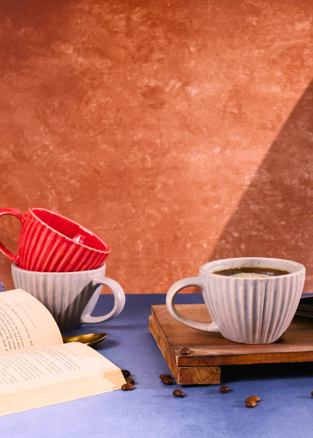 red & grey striped coffee mug made by ceramic 