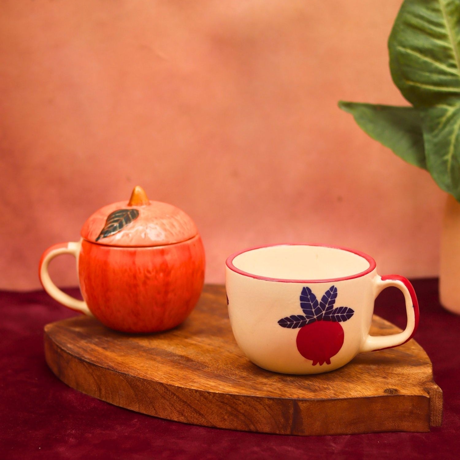 Handmade Set of 2 - Orange mug with lid & Anar Mug combo