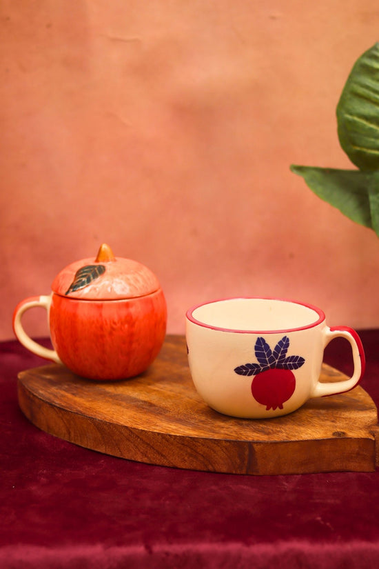 Handmade Set of 2 - Orange mug with lid & Anar Mug combo