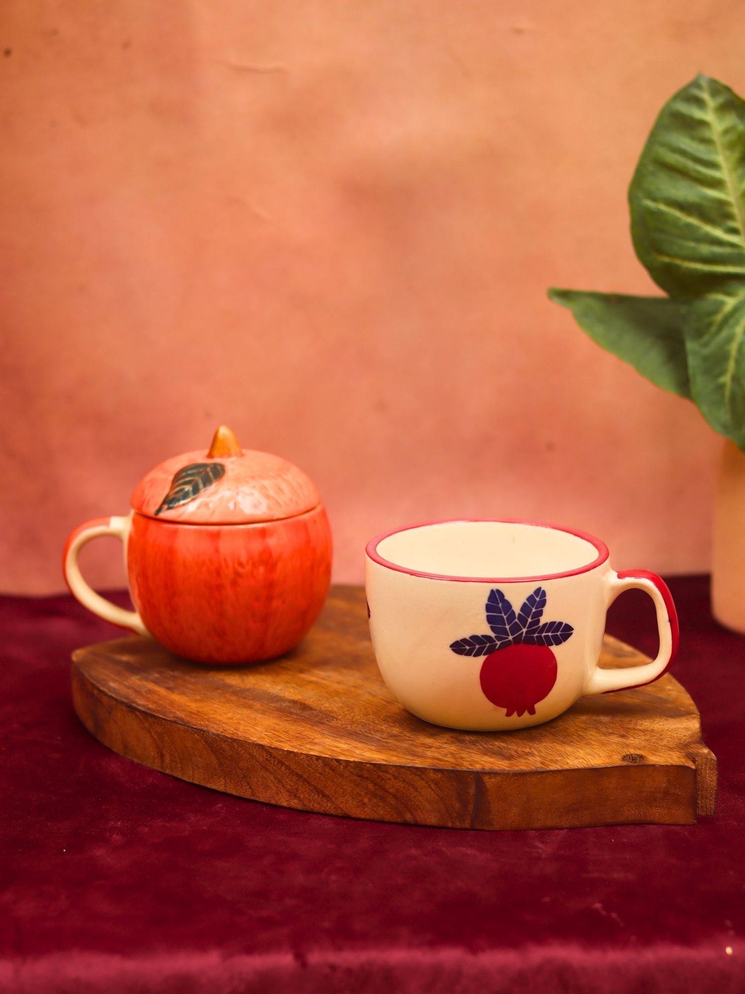 Handmade Set of 2 - Orange mug with lid & Anar Mug combo