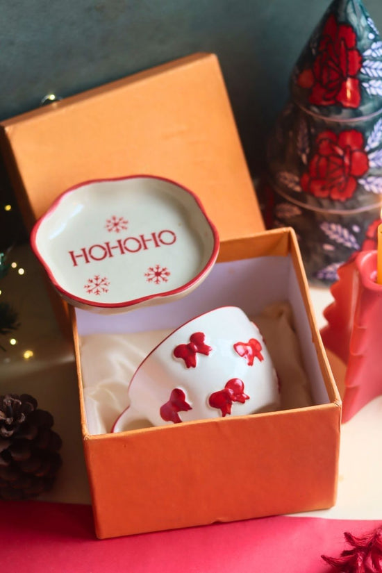 Bow Mug & HOHOHO Handmade Dessert Plate in a Gift Box with premium quality material