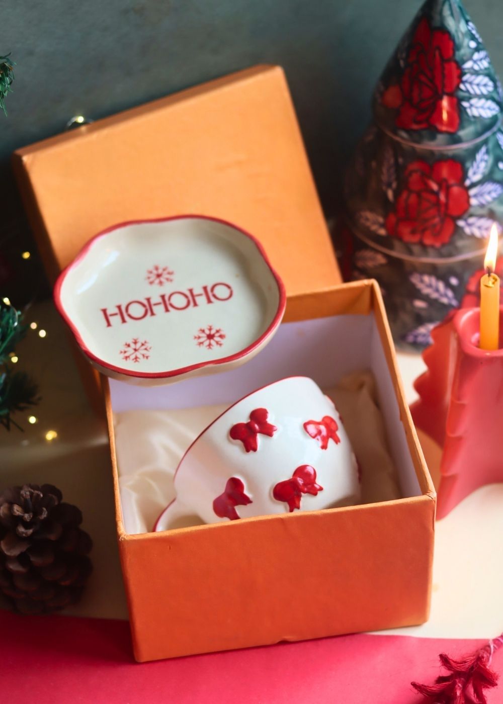 Bow Mug & HOHOHO Handmade Dessert Plate in a Gift Box with premium quality material