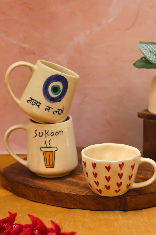 Sukoon, Nazar & Heart Mugs combo handmade in India