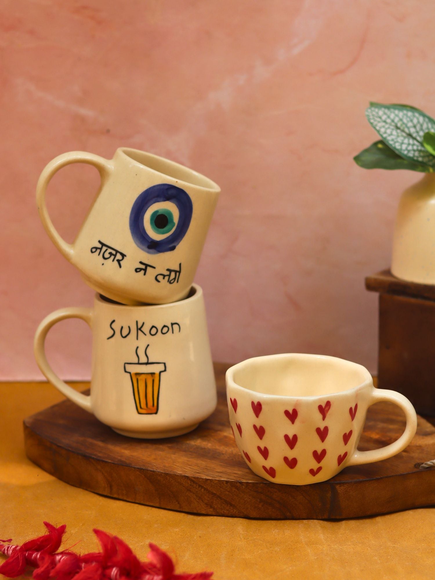 Sukoon, Nazar & Heart Mugs combo handmade in India