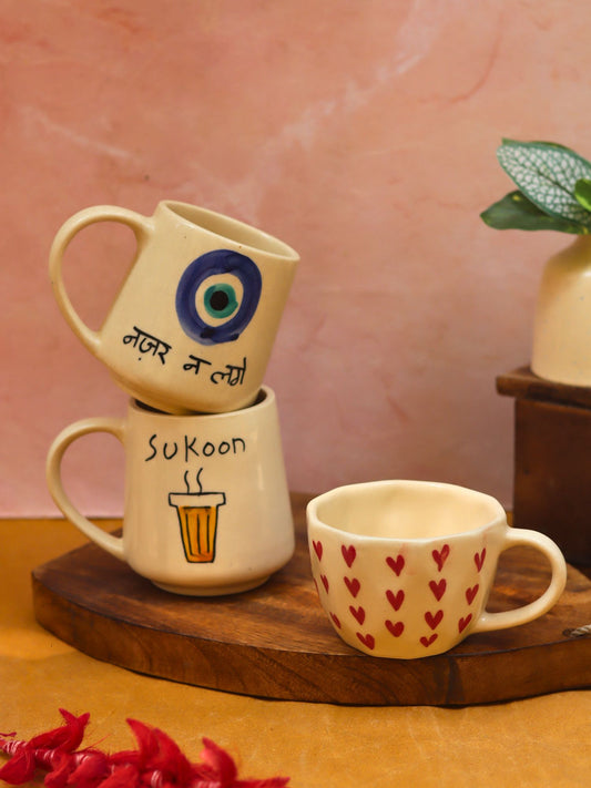 Sukoon, Nazar & Heart Mugs combo handmade in India