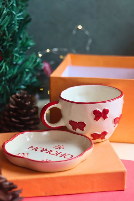 Bow Mug & HOHOHO Handmade Dessert Plate in a Gift Box handmade in india