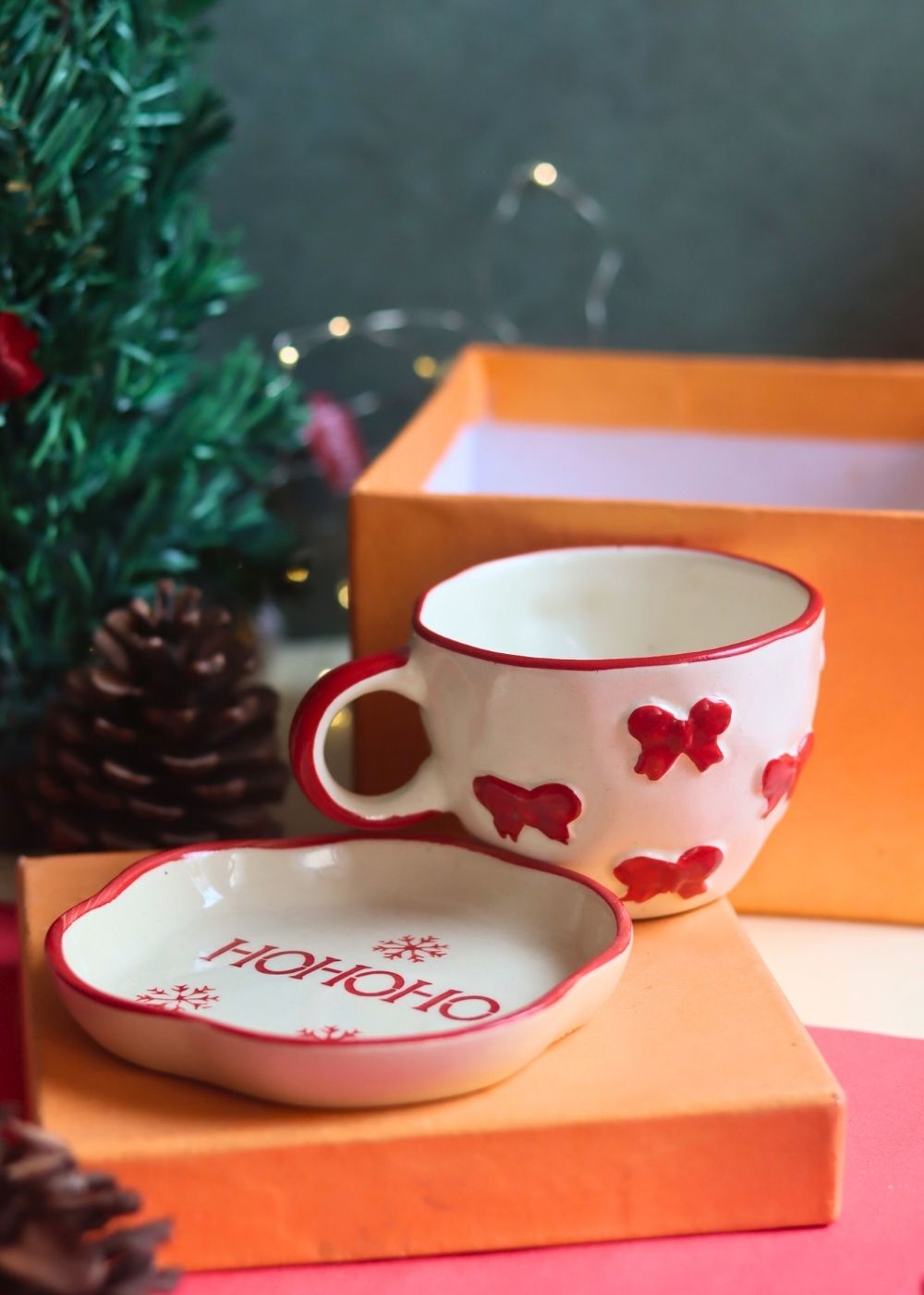 Bow Mug & HOHOHO Handmade Dessert Plate in a Gift Box handmade in india