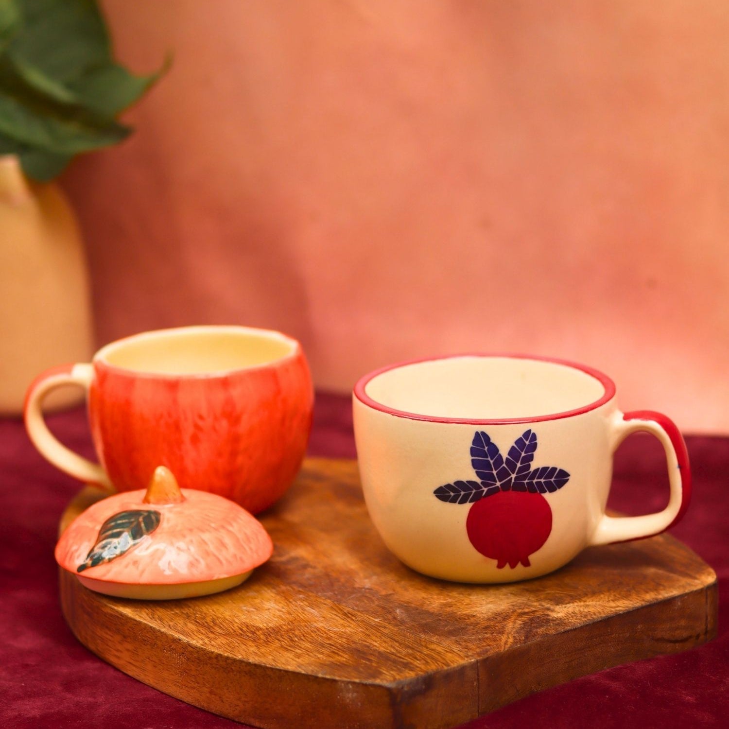 Set of 2 - Orange mug with lid & Anar Mug combo made by ceramic