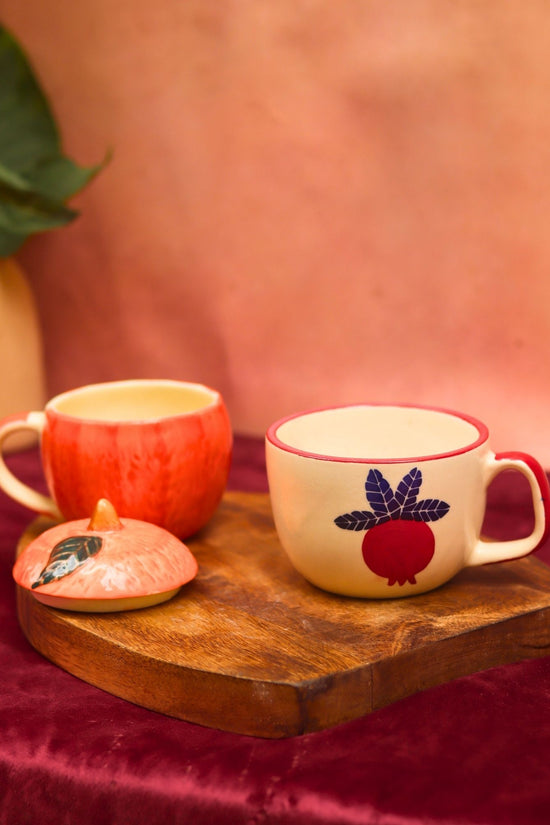 Set of 2 - Orange mug with lid & Anar Mug combo made by ceramic