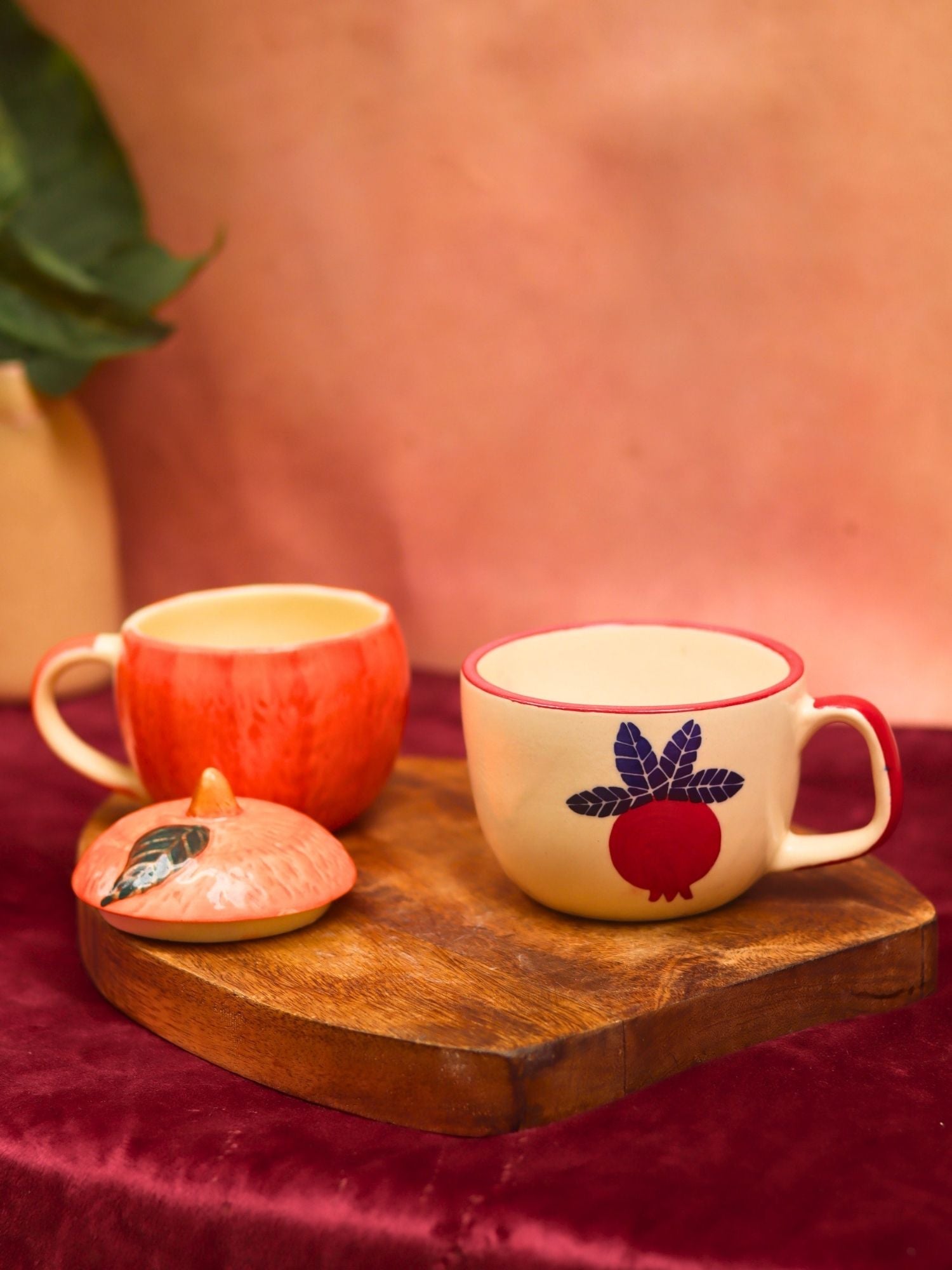 Set of 2 - Orange mug with lid & Anar Mug combo made by ceramic